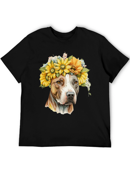 Camiseta Negra con Diseño de Pitbull y Girasoles