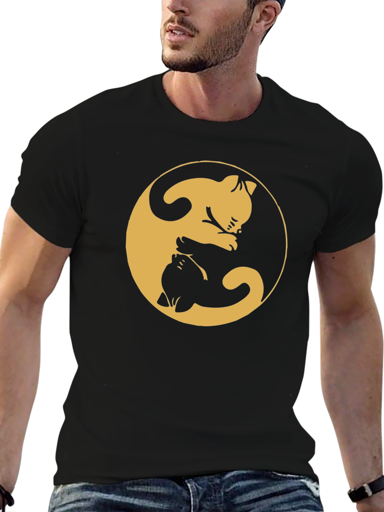 Camiseta Yin Yang Gatos Negro y Dorado