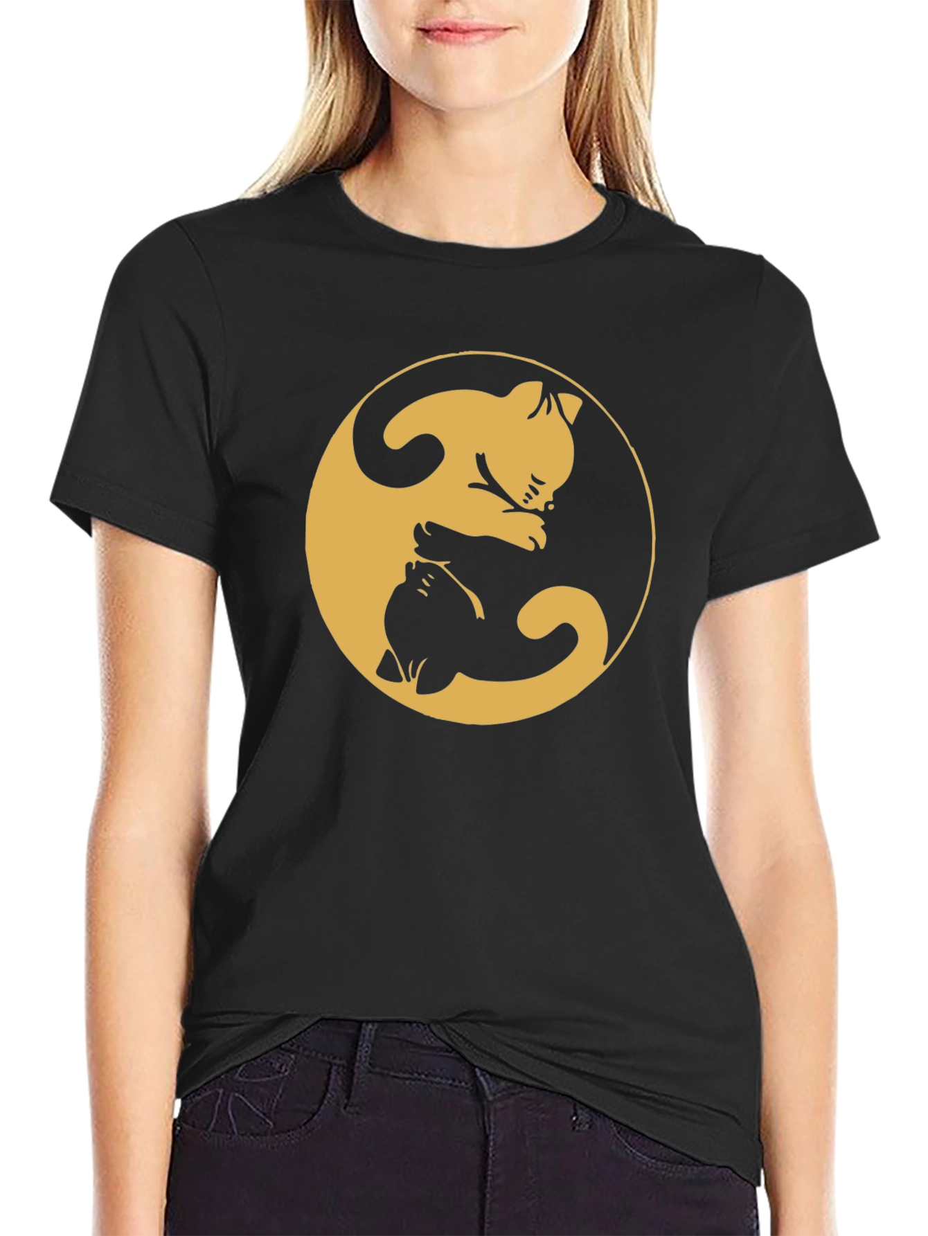 Camiseta Yin Yang Gatos Negro y Dorado
