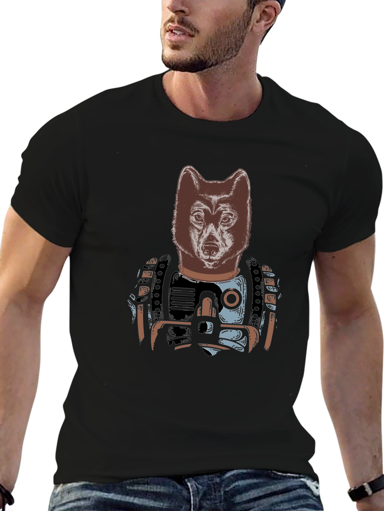 Camiseta Negra Hombre: Diseño Lobo Cibernético