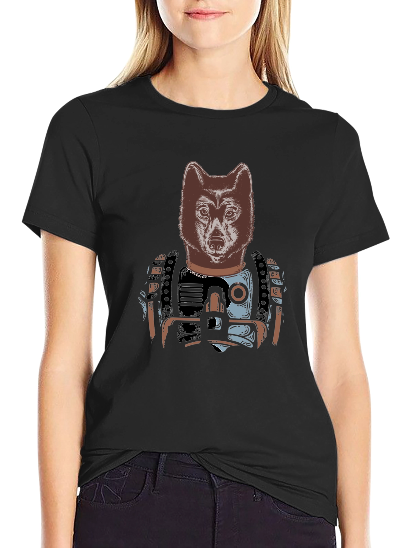 Camiseta Negra Hombre: Diseño Lobo Cibernético