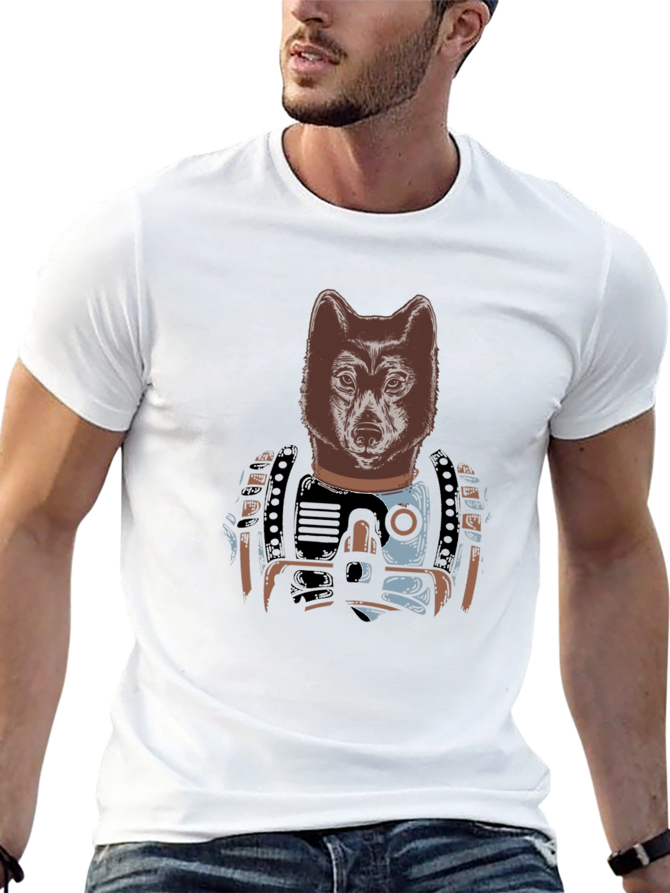 Camiseta Negra Hombre: Diseño Lobo Cibernético