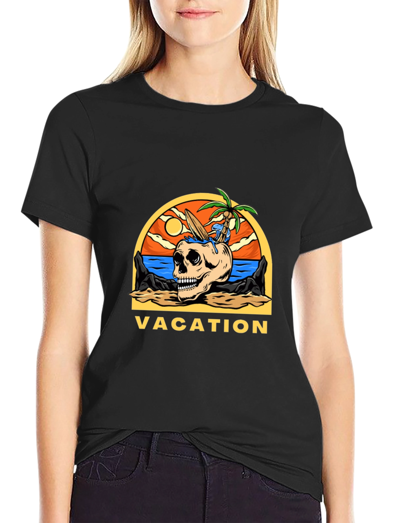 Camiseta Negra Vacaciones Calavera Playa
