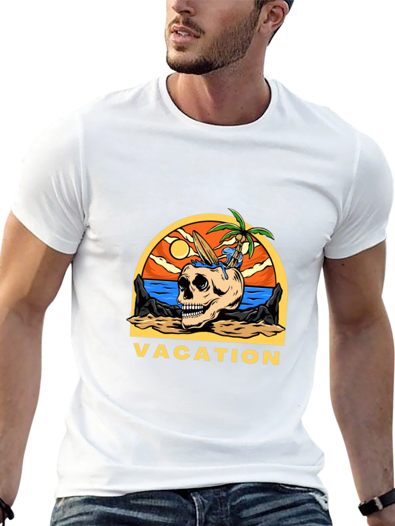 Camiseta Negra Vacaciones Calavera Playa
