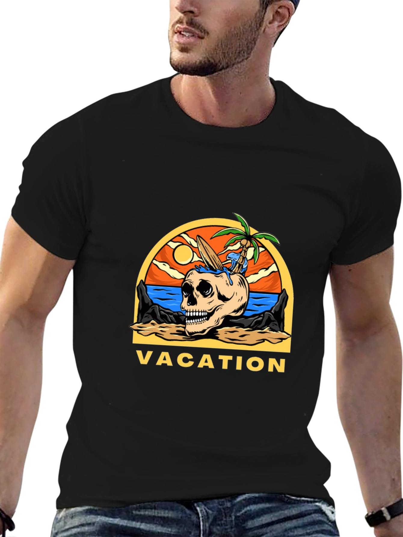 Camiseta Negra Vacaciones Calavera Playa