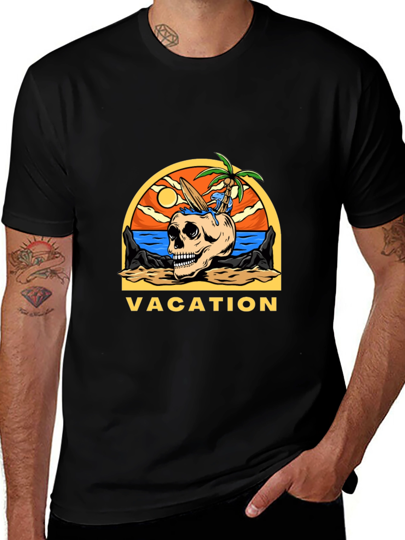 Camiseta Negra Vacaciones Calavera Playa