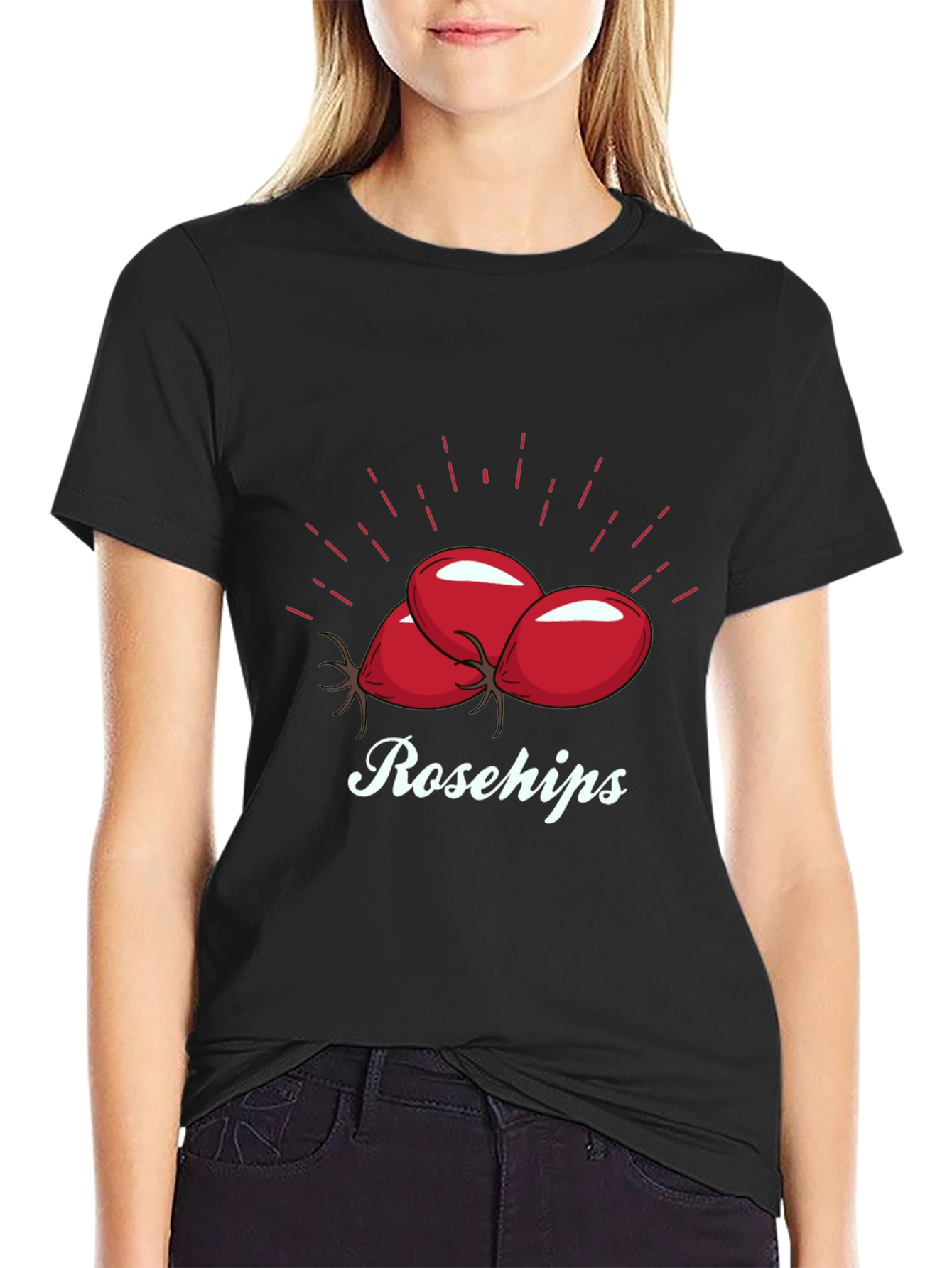 Camiseta Negra Rosehips Diseño Frutas