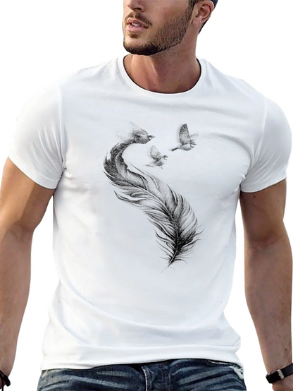 Camiseta Negra con Diseño de Pluma y Aves