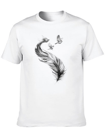 Camiseta Negra con Diseño de Pluma y Aves