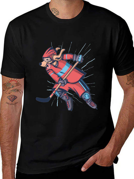 Camiseta Negra con Diseño de Perro Jugador de Hockey
