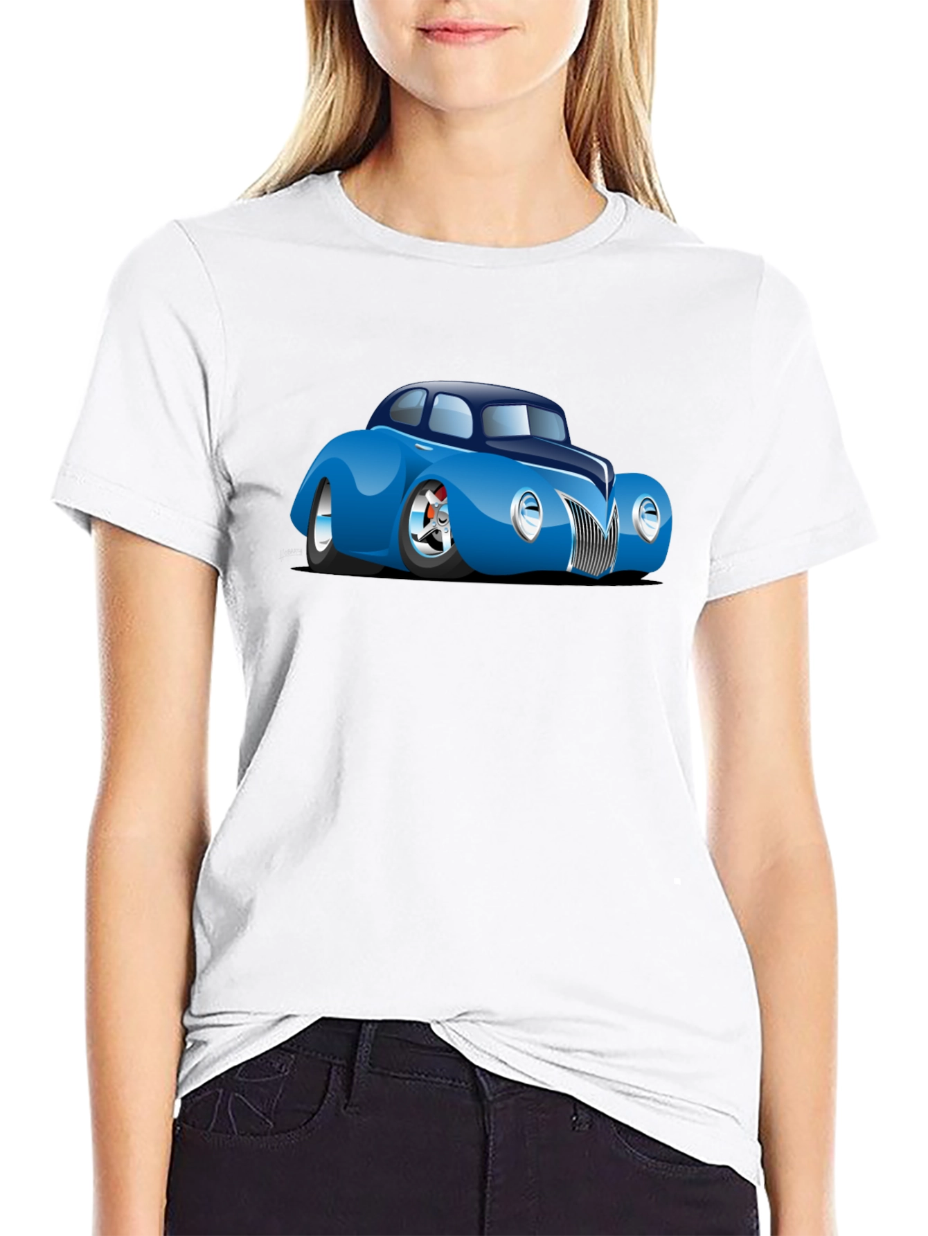 Camiseta Negra con Coche Clásico Azul
