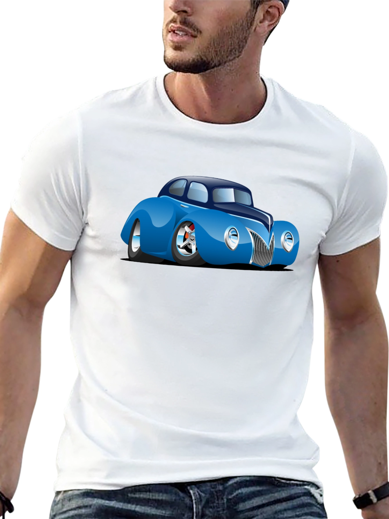 Camiseta Negra con Coche Clásico Azul