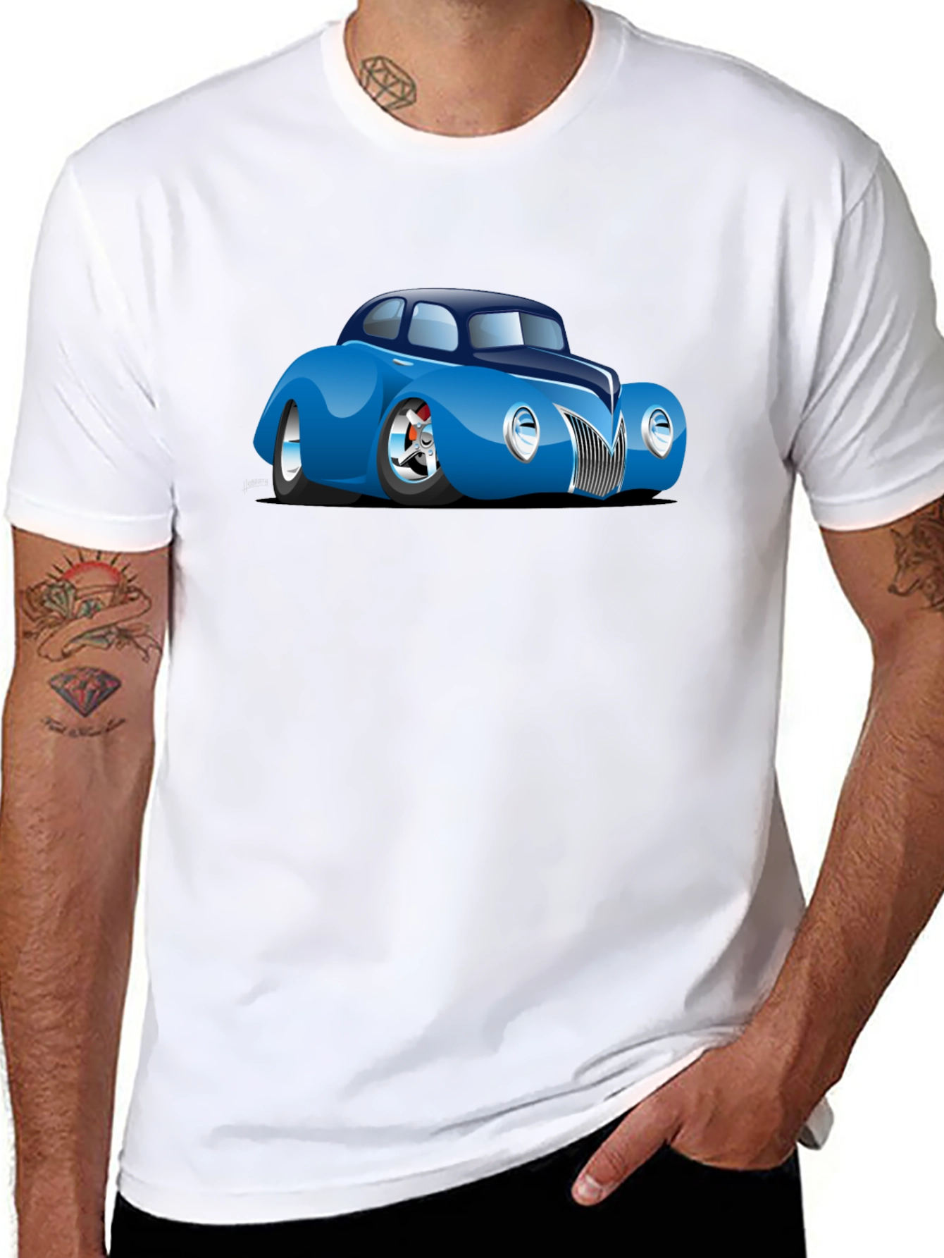 Camiseta Negra con Coche Clásico Azul