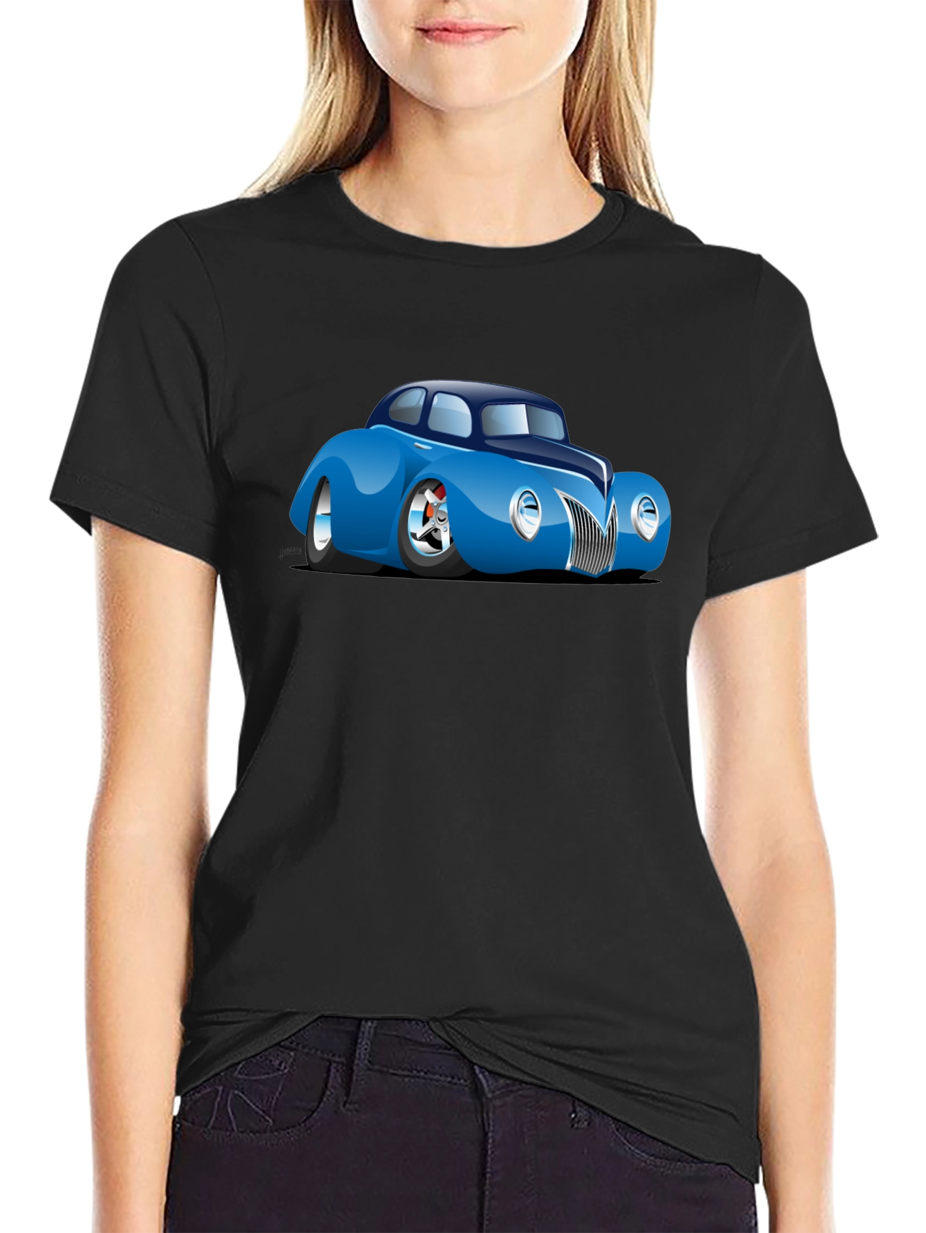 Camiseta Negra con Coche Clásico Azul