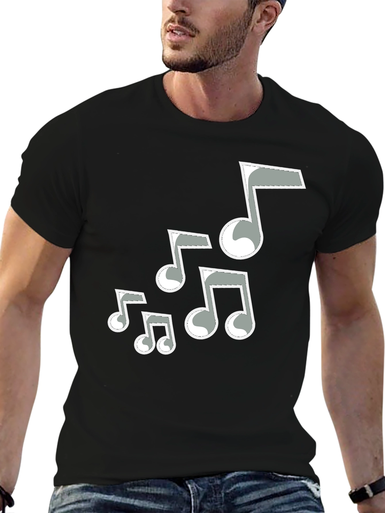 Camiseta Negra Hombre con Notas Musicales Grises