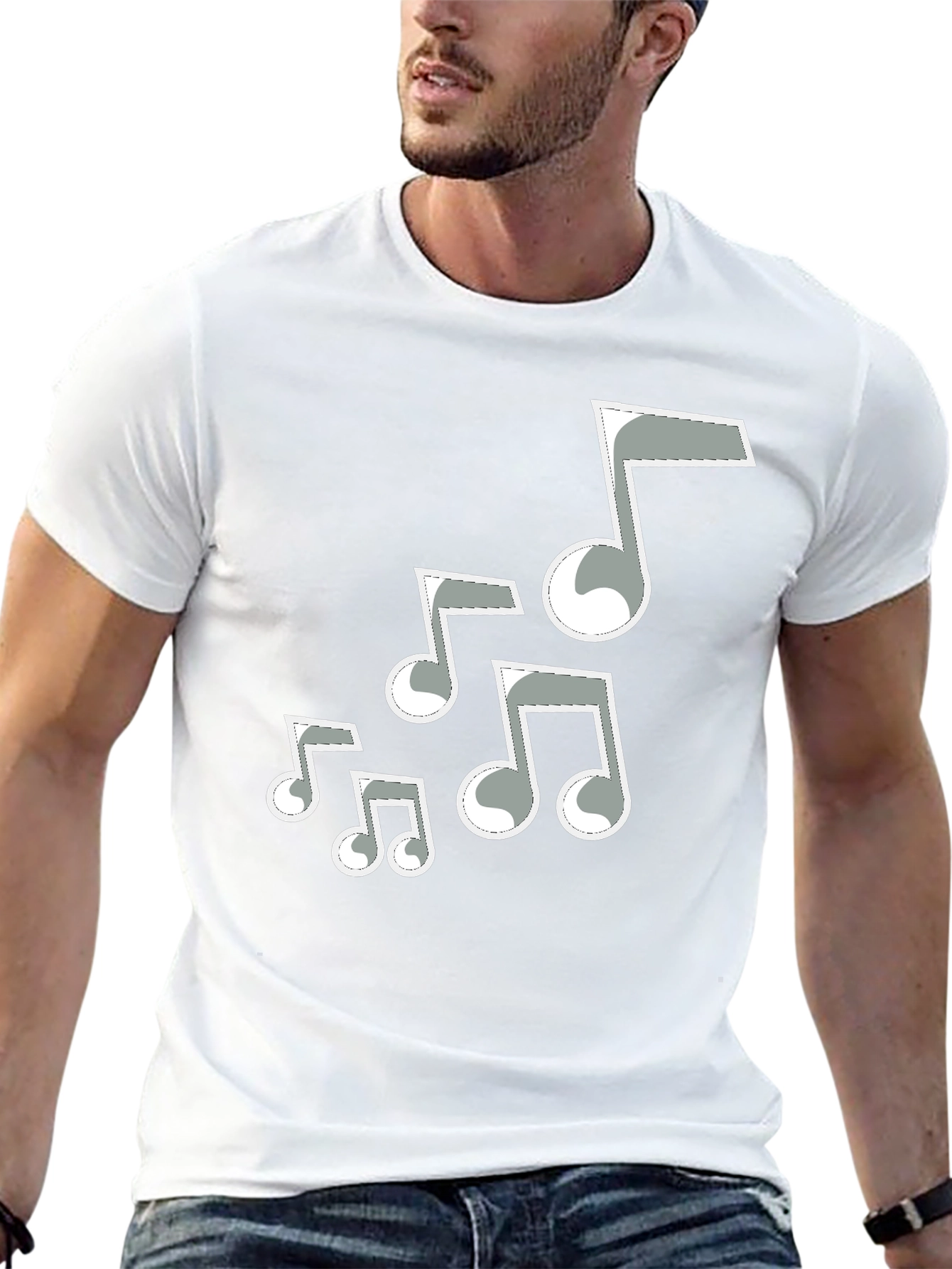 Camiseta Negra Hombre con Notas Musicales Grises