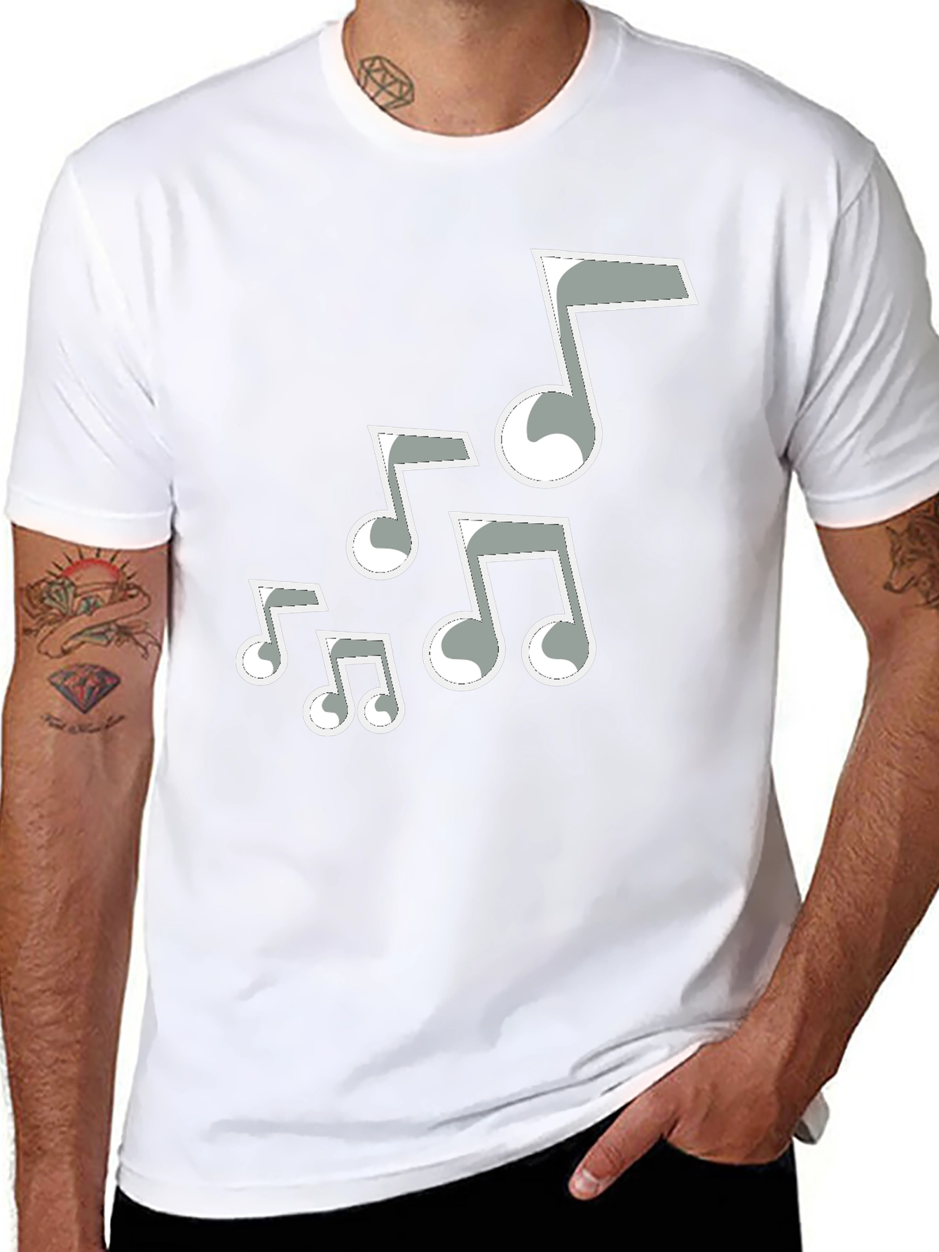Camiseta Negra Hombre con Notas Musicales Grises