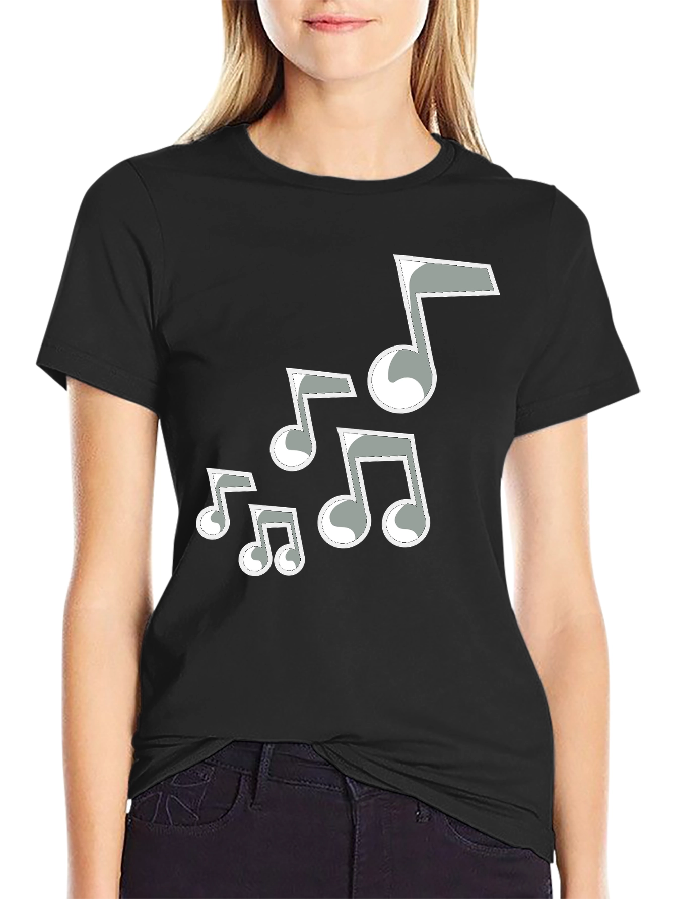 Camiseta Negra Hombre con Notas Musicales Grises