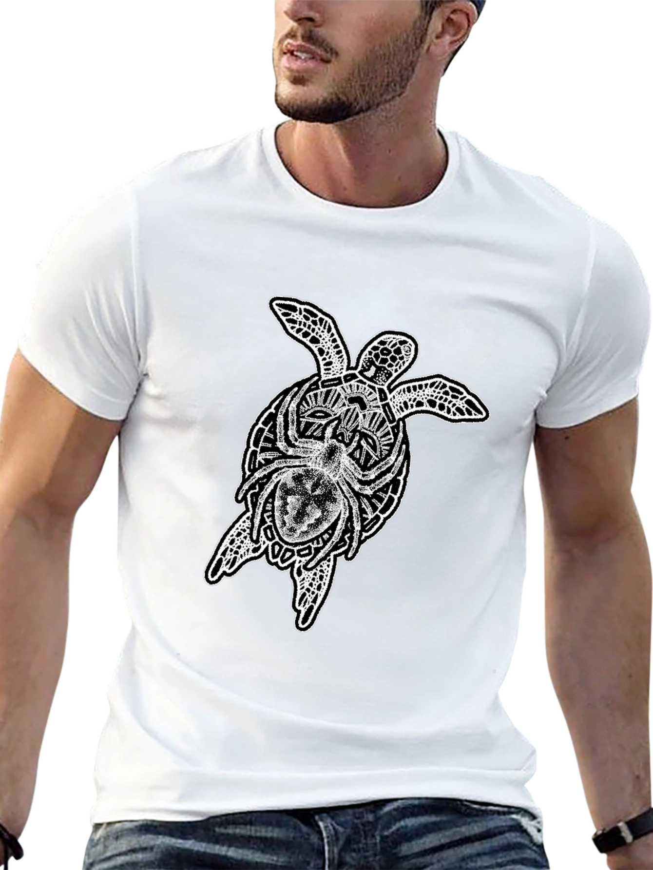 Camiseta Negra Hombre: Tortuga Tribal y Araña