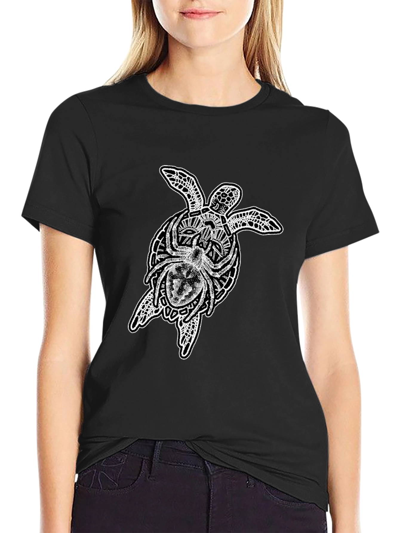 Camiseta Negra Hombre: Tortuga Tribal y Araña