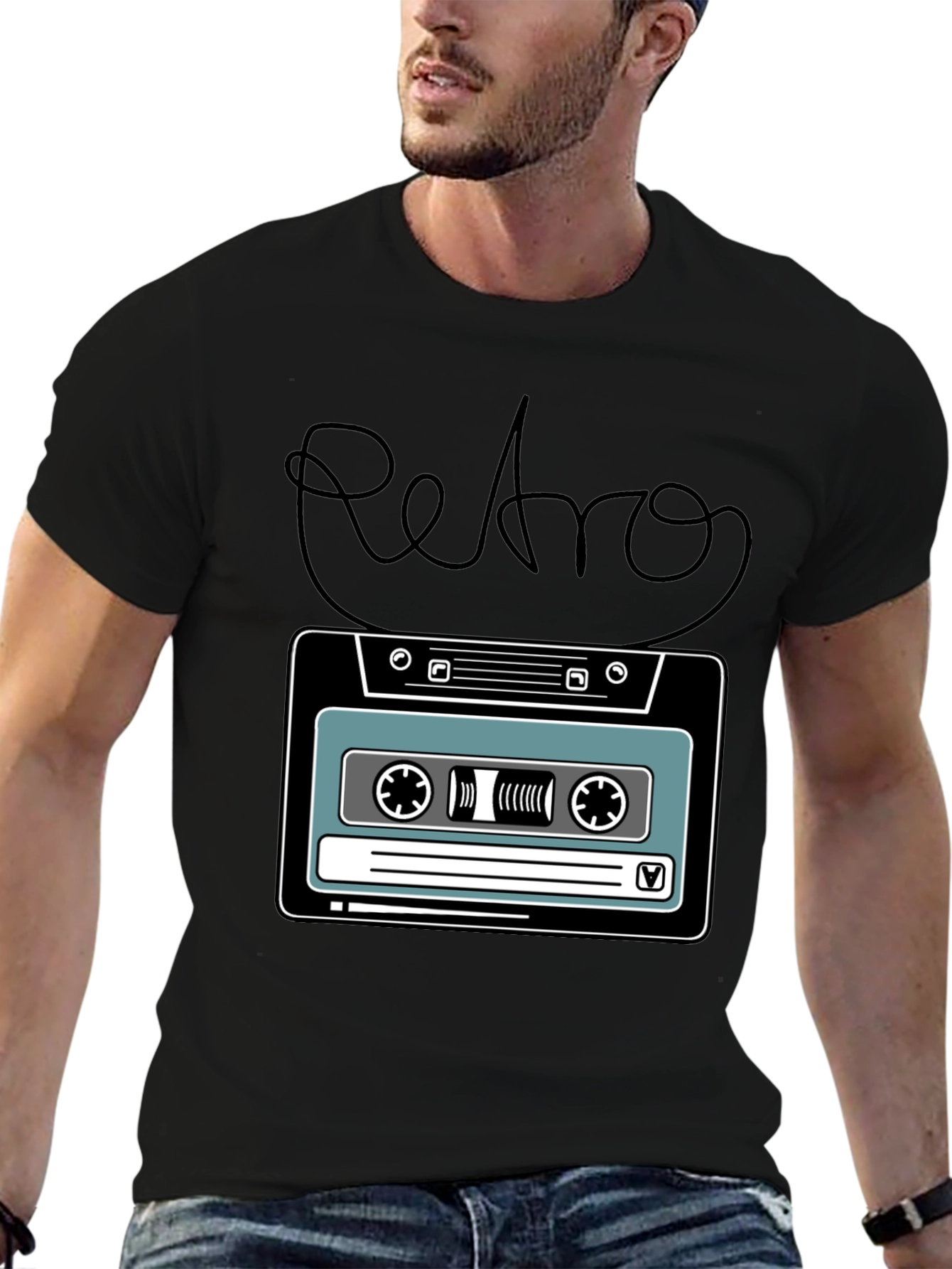 Camiseta Negra Retro con Diseño de Cassette