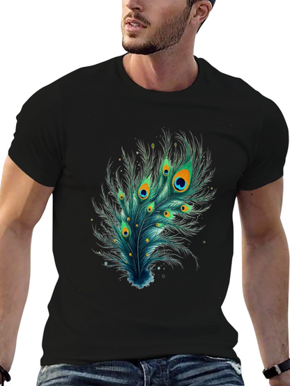 Camiseta Negra con Diseño de Pluma de Pavo Real