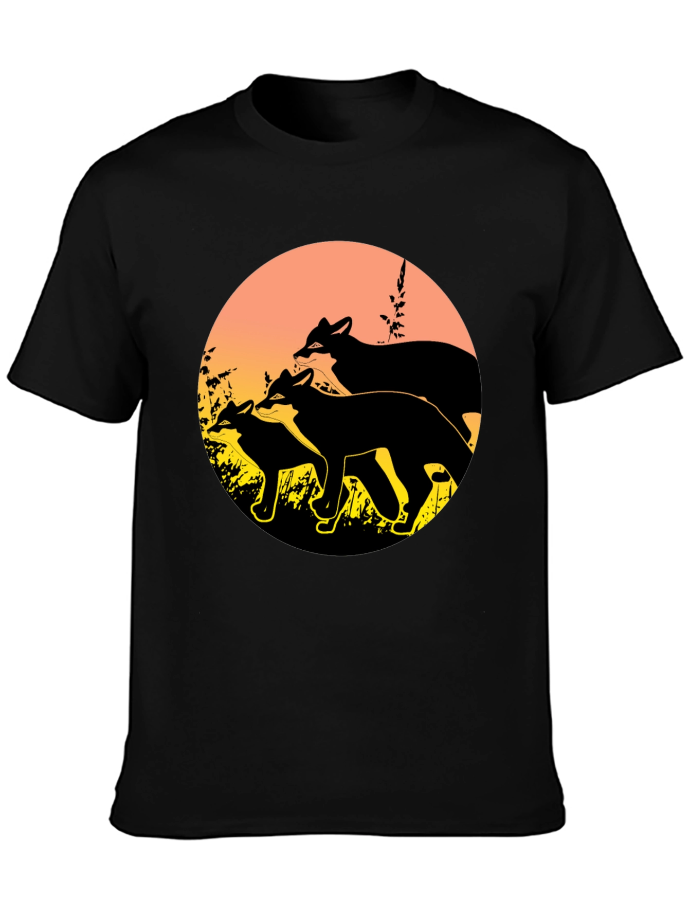 Camiseta Negra con Diseño de Zorros al Atardecer