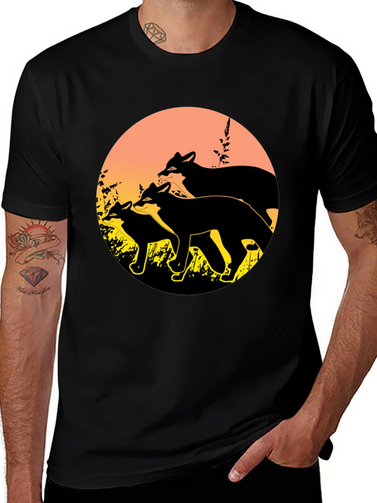 Camiseta Negra con Diseño de Zorros al Atardecer