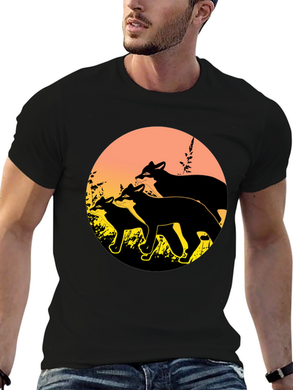 Camiseta Negra con Diseño de Zorros al Atardecer