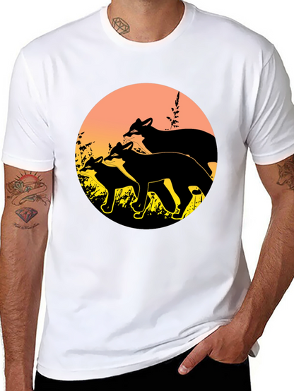 Camiseta Negra con Diseño de Zorros al Atardecer
