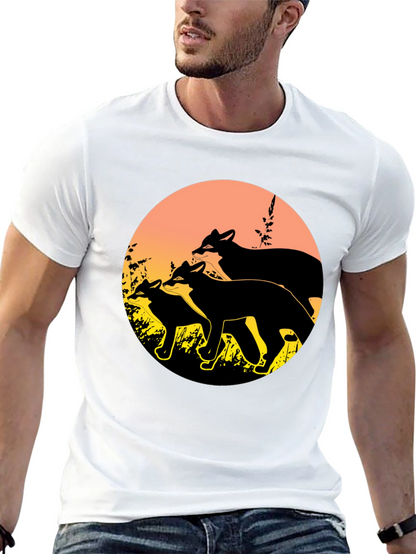 Camiseta Negra con Diseño de Zorros al Atardecer