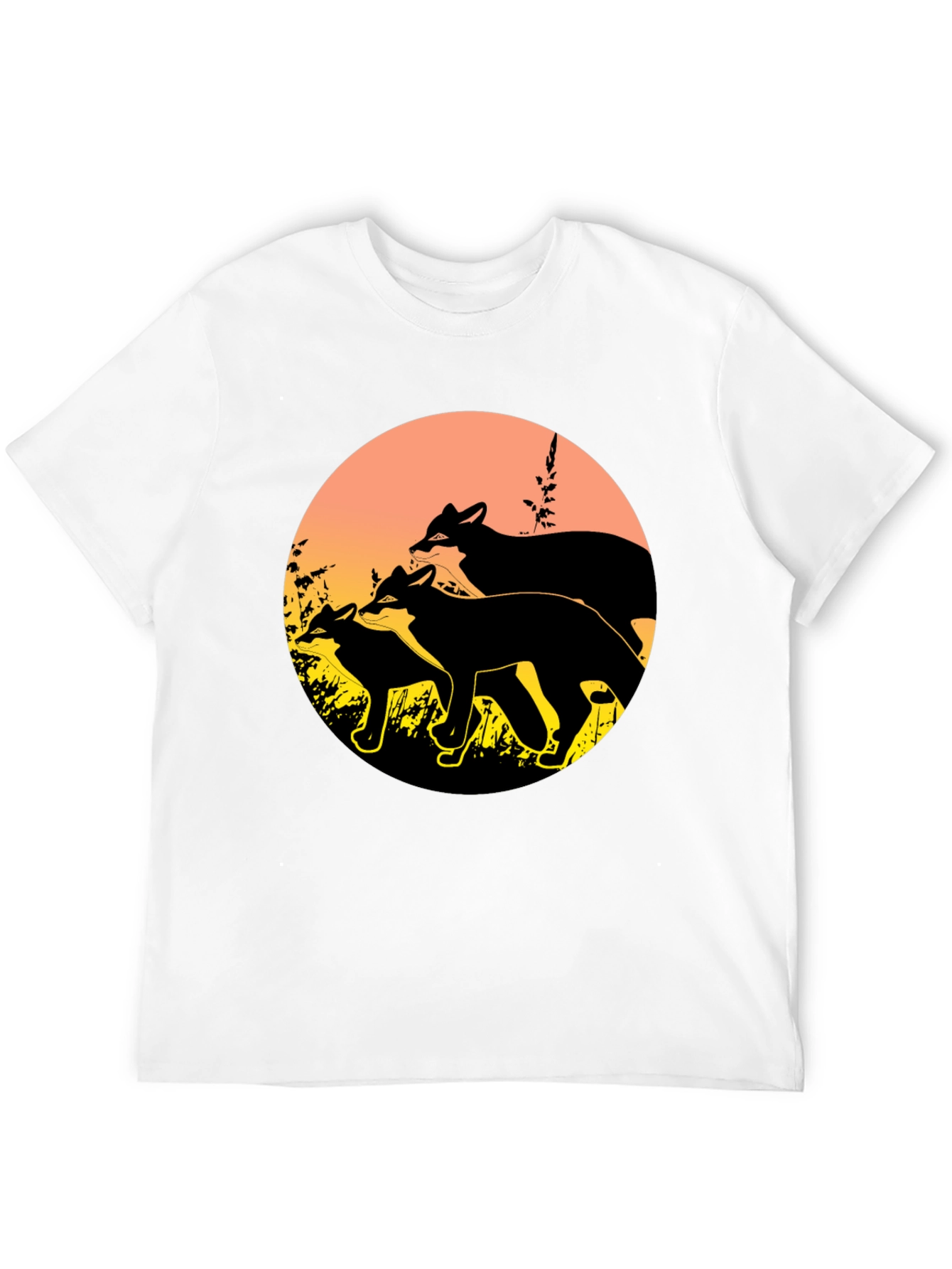 Camiseta Negra con Diseño de Zorros al Atardecer