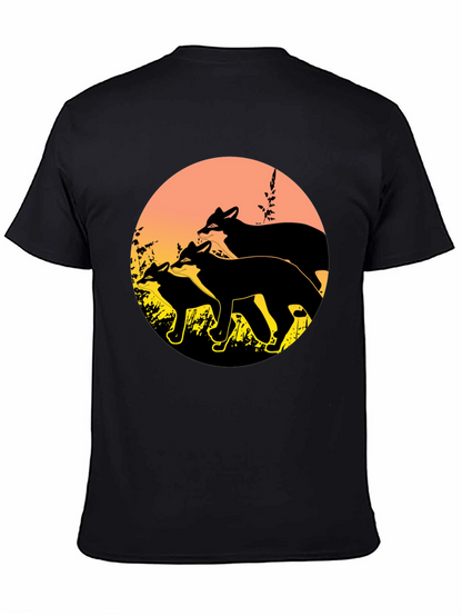 Camiseta Negra con Diseño de Zorros al Atardecer