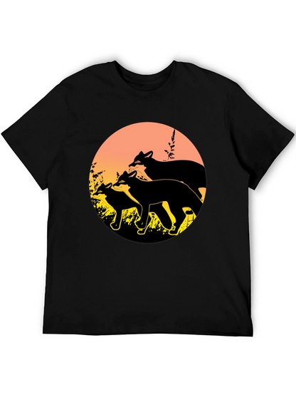 Camiseta Negra con Diseño de Zorros al Atardecer