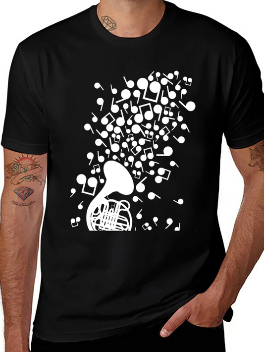 Camiseta Negra con Diseño de Trompa Francesa y Notas Musicales