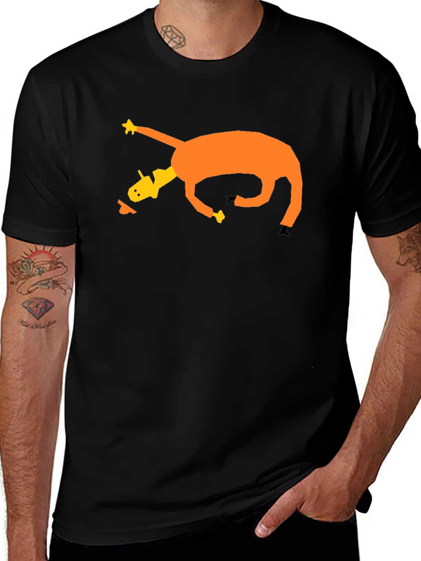 Camiseta Negra con Diseño Abstracto de Caballo Naranja