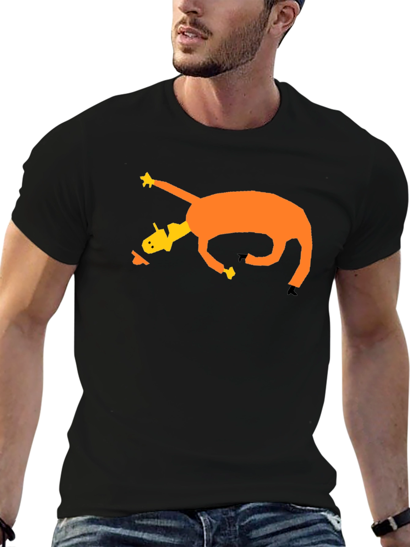 Camiseta Negra con Diseño Abstracto de Caballo Naranja