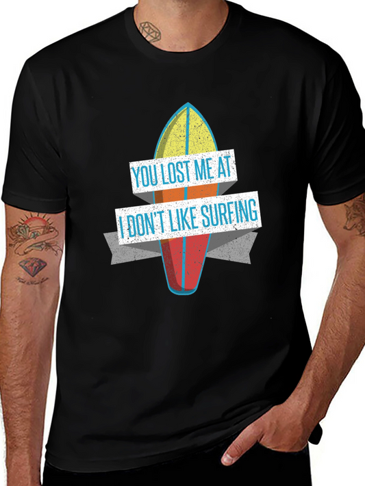 Camiseta Negra con Diseño de Tabla de Surf y Frase Divertida