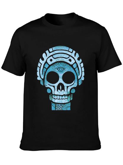 Camiseta Negra con Diseño de Calavera Azteca