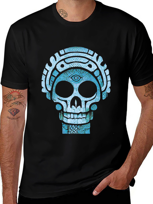 Camiseta Negra con Diseño de Calavera Azteca