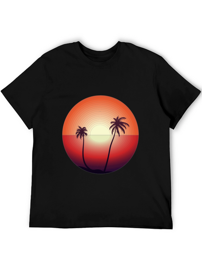 Camiseta Negra con Diseño de Atardecer Tropical