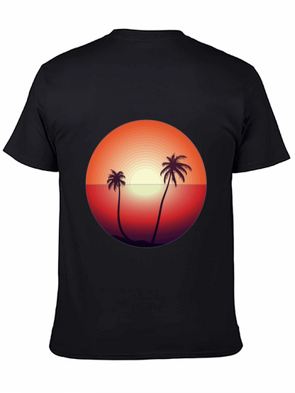 Camiseta Negra con Diseño de Atardecer Tropical