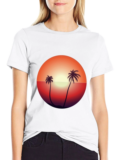 Camiseta Negra con Diseño de Atardecer Tropical