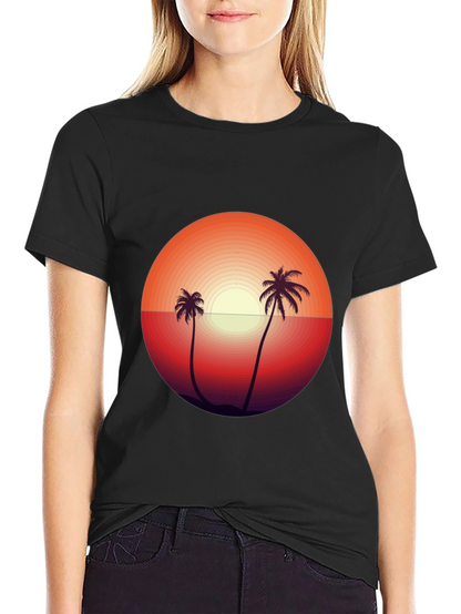 Camiseta Negra con Diseño de Atardecer Tropical