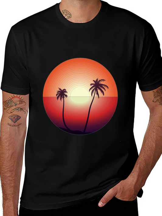 Camiseta Negra con Diseño de Atardecer Tropical