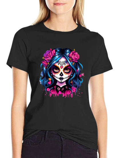 Camiseta Negra con Diseño de Catrina Floral