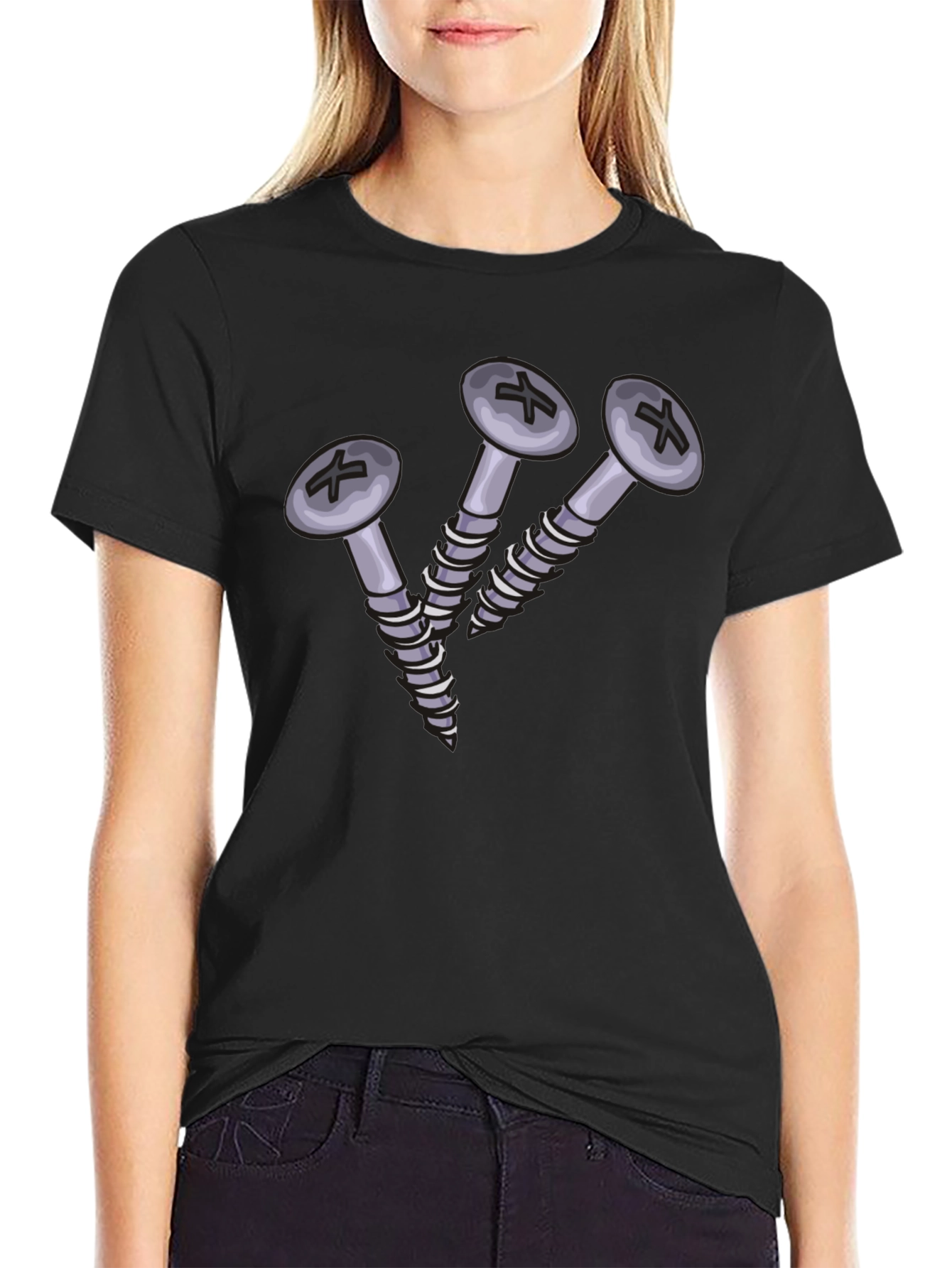 Camiseta Negra con Diseño de Tornillos