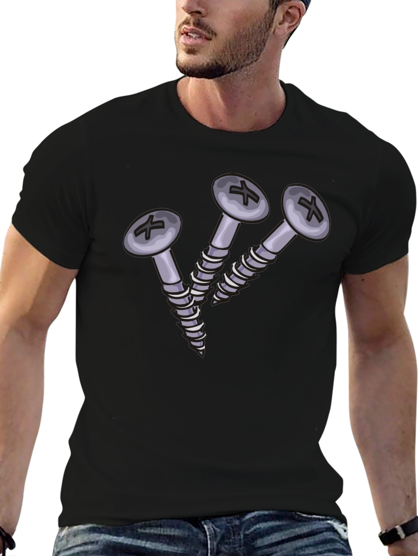 Camiseta Negra con Diseño de Tornillos