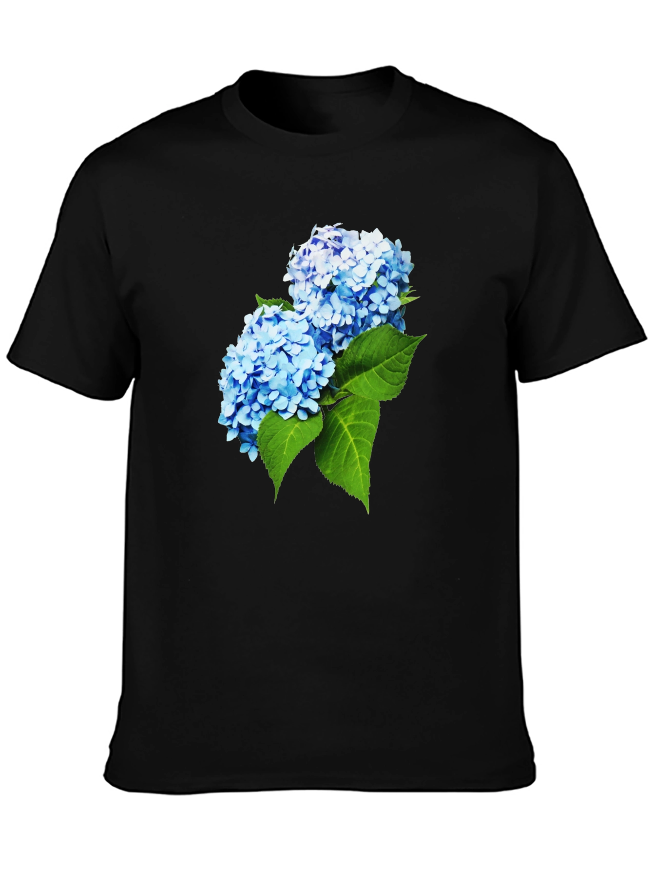 Camiseta Hombre Negra con Hortensias Azules