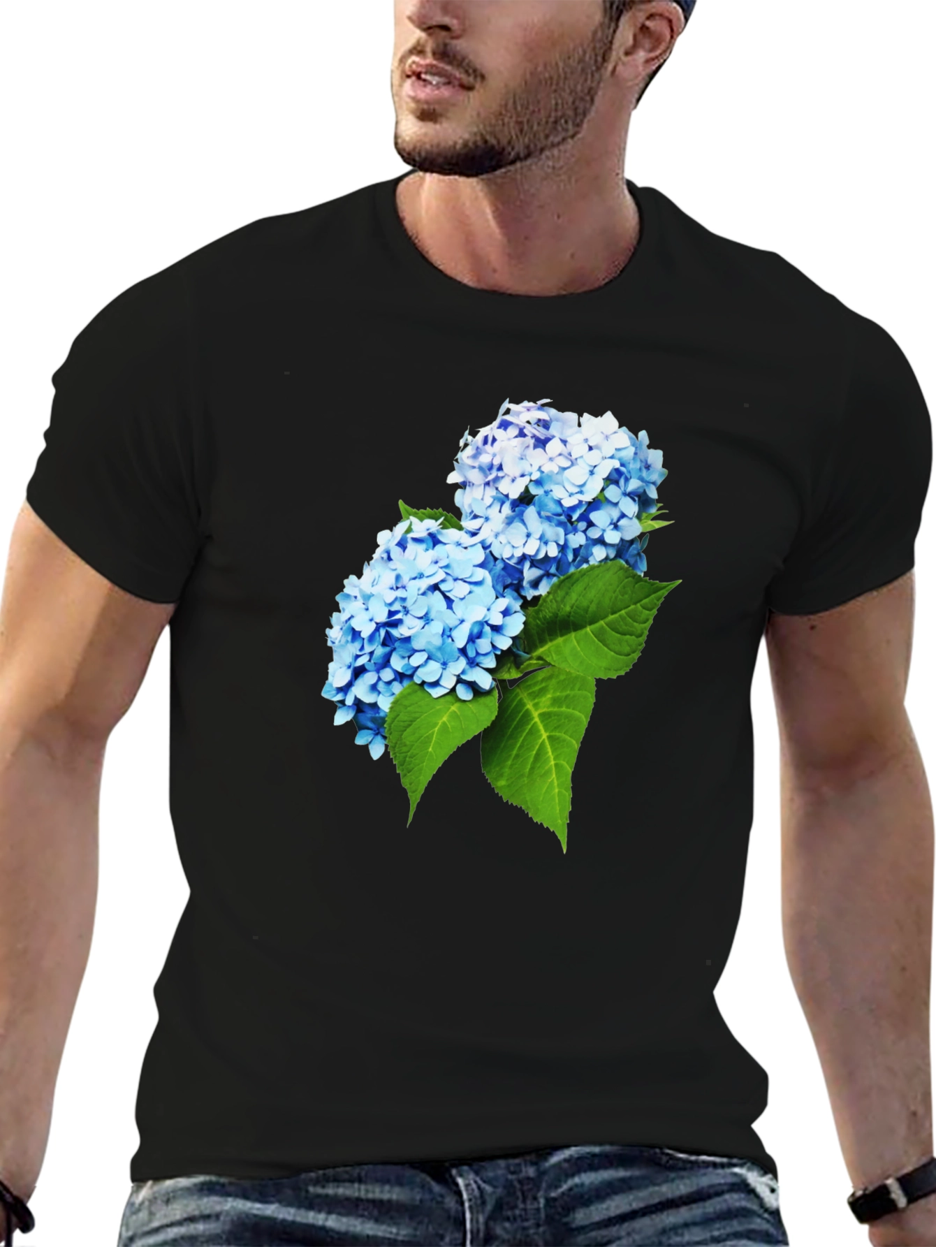 Camiseta Hombre Negra con Hortensias Azules